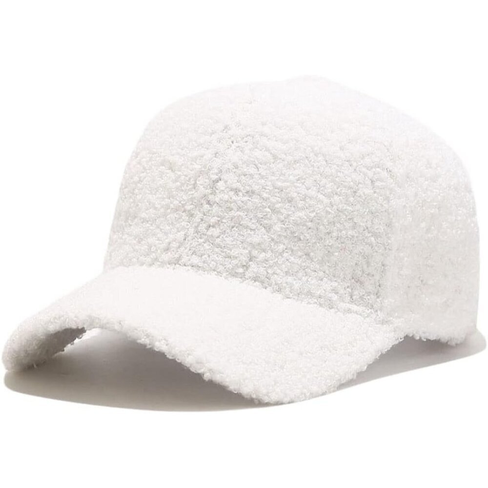 🆕 Women White Winter Baseball Cap Lamb Wool Solid Color Warm Outdoor Travel